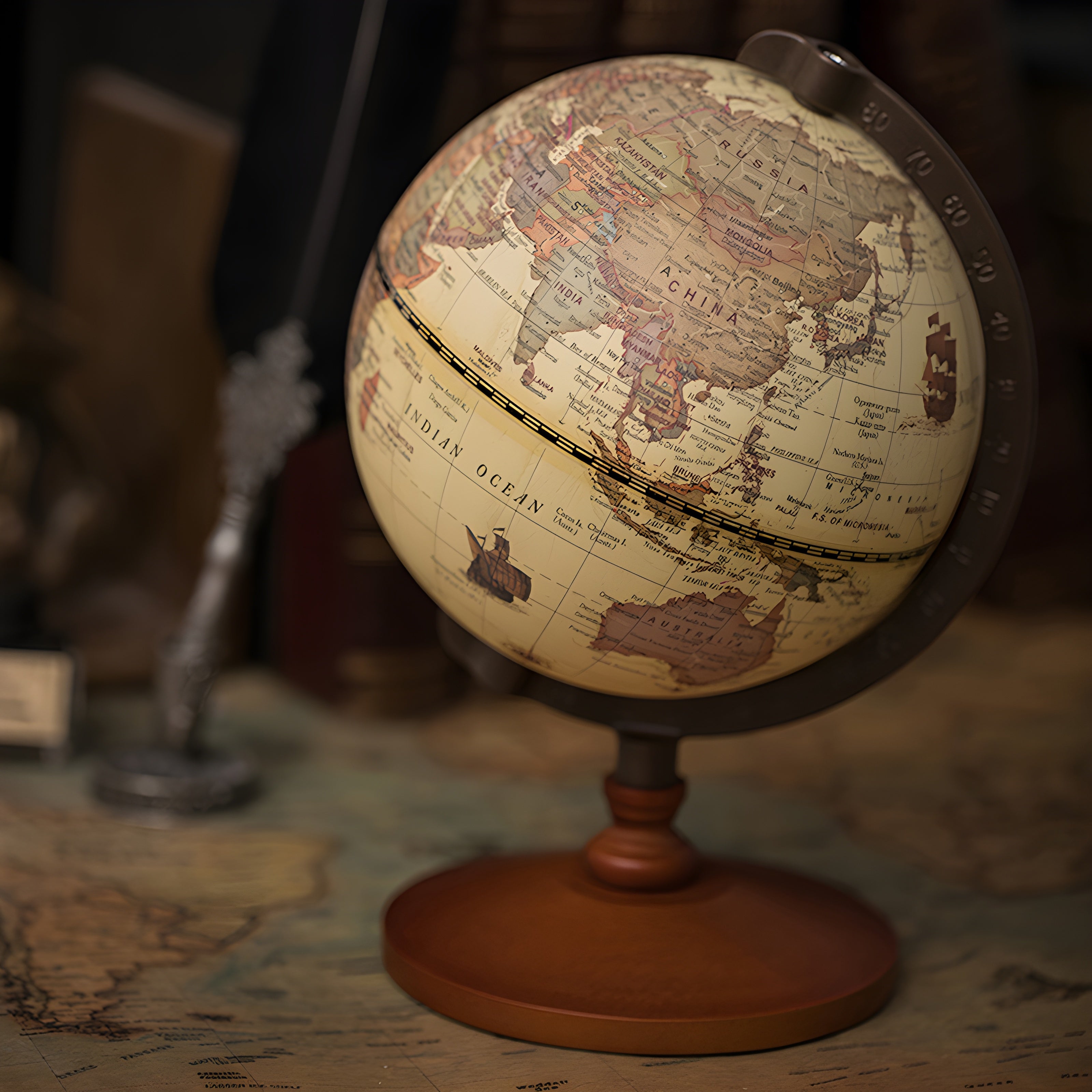 Retro English-Labeled World Globe with Wooden Base and Metal Bracket