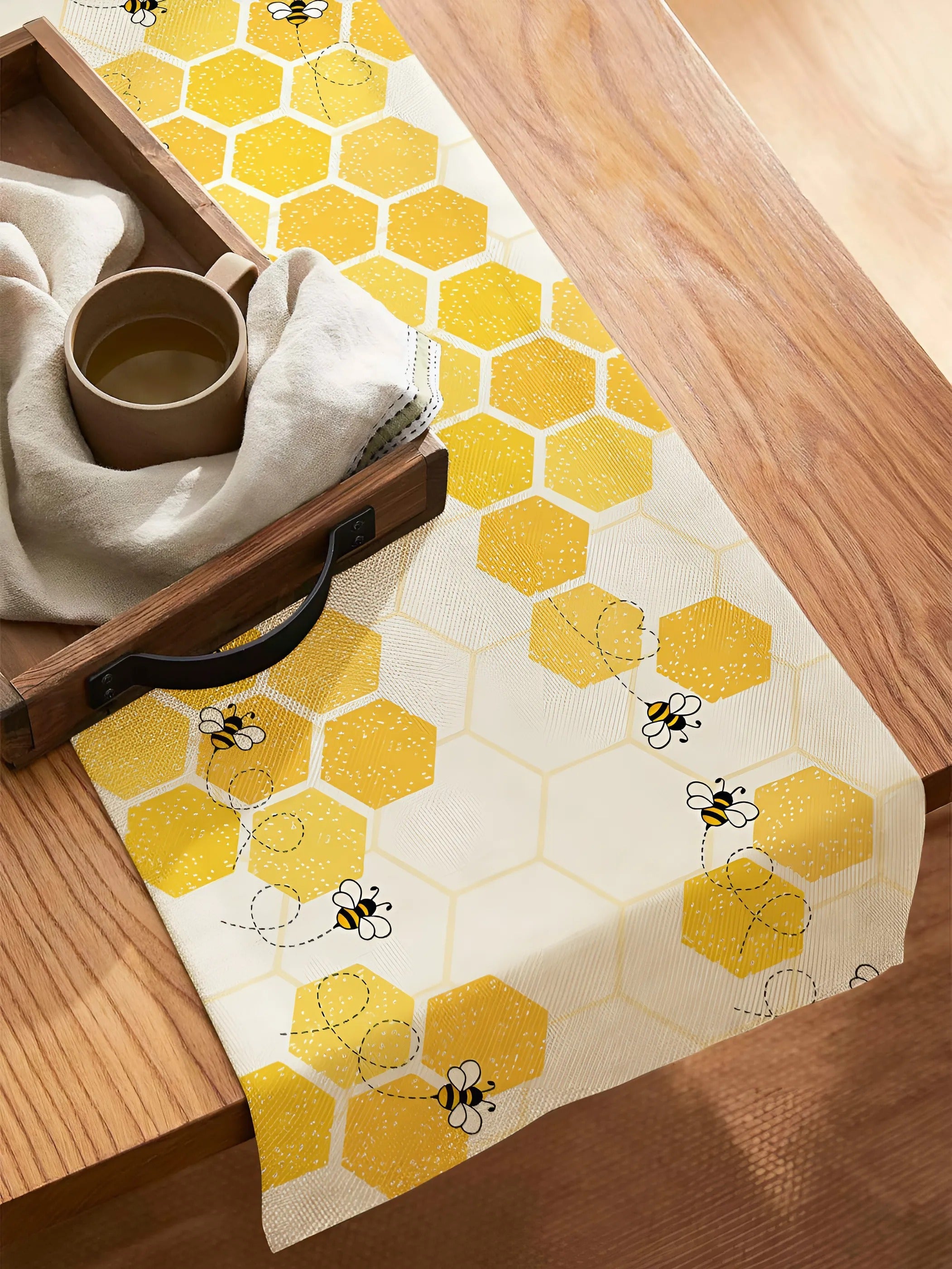 Geometric Bee Pattern Linen Table Runner for Stylish Decor