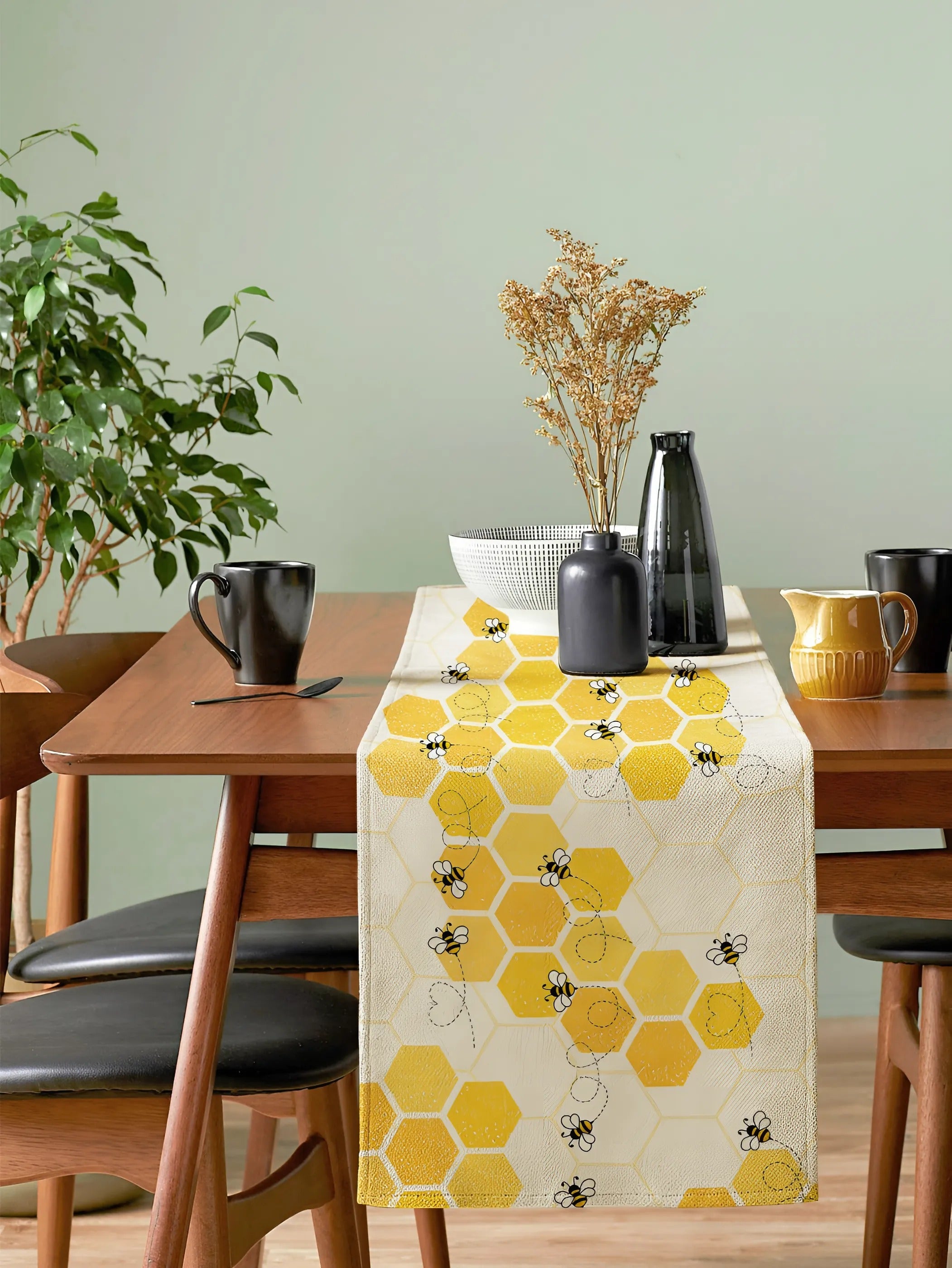 Geometric Bee Pattern Linen Table Runner for Stylish Decor