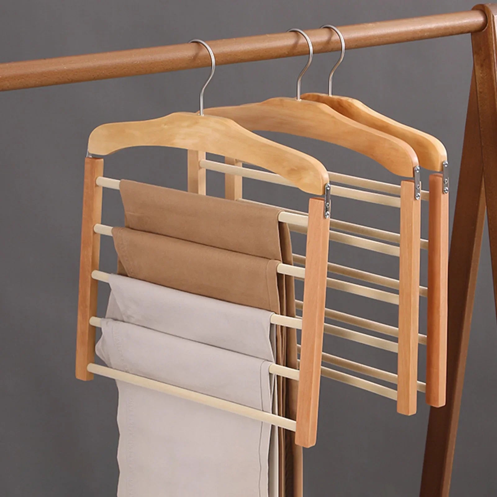 Space Saving Wooden Multi-Tier Trouser Rack