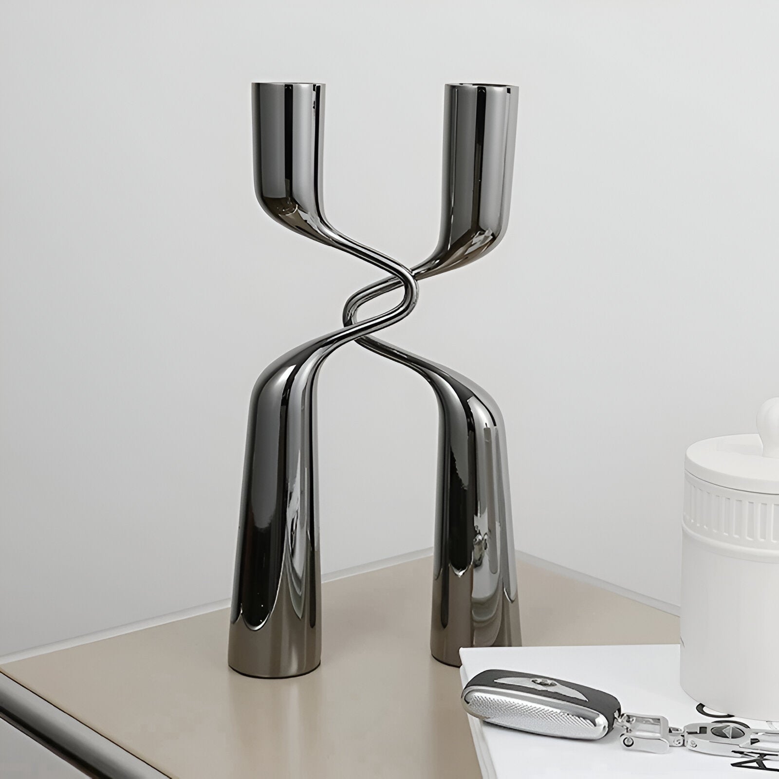 Crossed 'H' Shape Silver Candle Holder in Stainless Steel