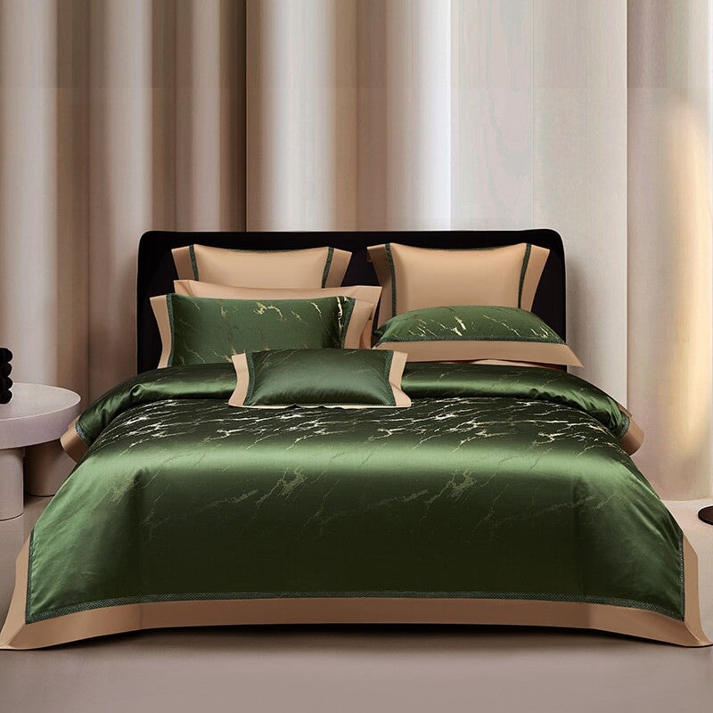 Emerald Opulence Duvet Cover Set – 1000 TC Cotton & Satin with Luxurious Marble Design